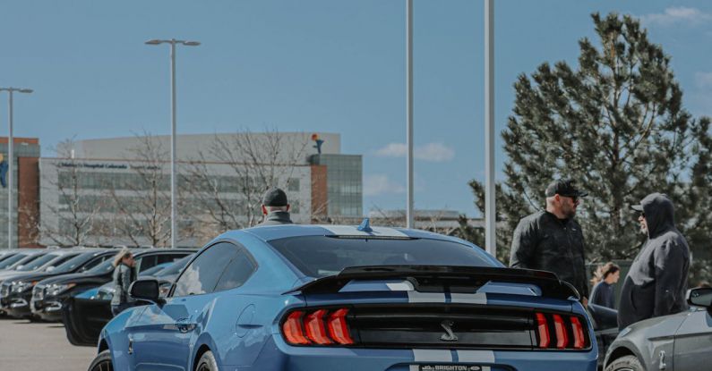 Car Enthusiasts - Back of a Blue Shelby Mustang GT on a Parking Lot